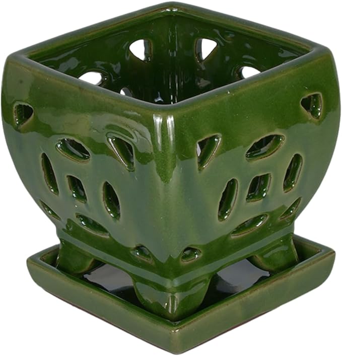 W&W Orchid Pot with Holes and Saucer for Repotting, Seagreen, 5.5 Inches