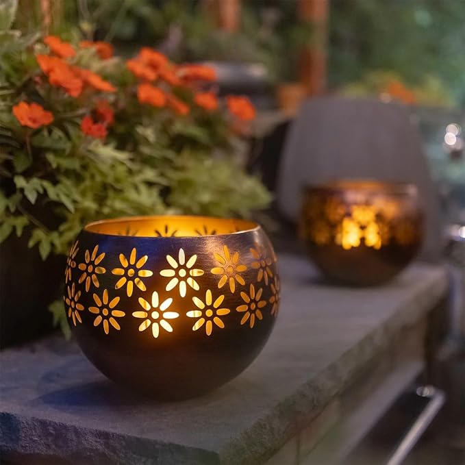 Original Solar Fire Bowl 8” (2-Pack) Decorative Metal Solar Patio Light with Flickering Flame, Waterproof Dusk-to-Dawn Garden Lantern in Bronze/Copper
