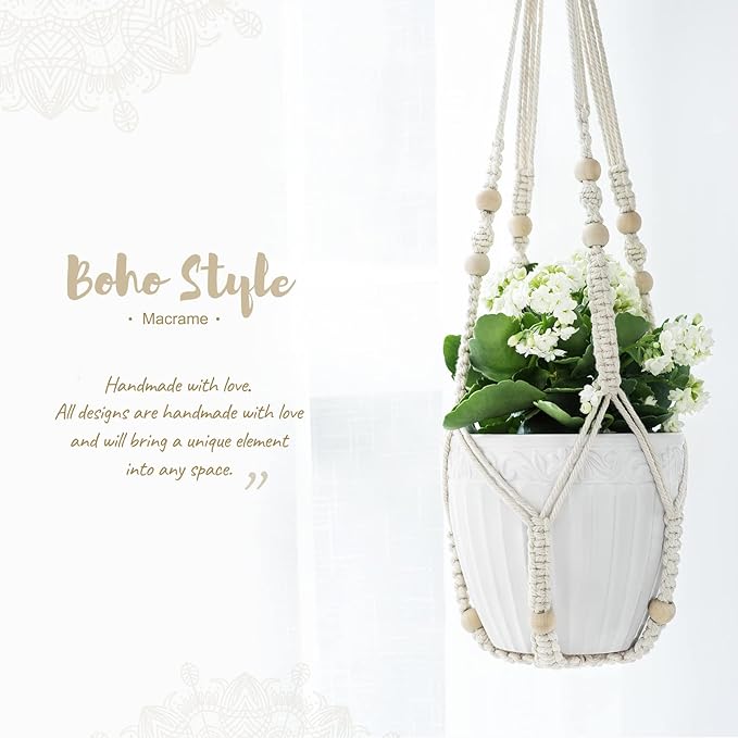 Mkono Macrame Plant Hanger Indoor Hanging Planter Basket with Wood Beads Decorative Flower Pot Holder No Tassels for Indoor Outdoor Boho Home Decor 35 Inch, Ivory, Set of 2 (POTS NOT Included)