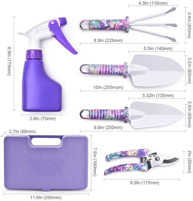 Gardening Tools Set, Unique Gardening Gifts for Women, Gardening Hand Tools with Purple Carrying Case, Gardening Kit for Home Gardening Flowers Potted Trim Loosing Planting Tools (5purple)