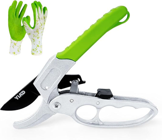Heavy Duty Pruning Shears, Ratchet Gardening Scissors with Gardening Gloves for Gardening Handheld Garden Shears Ratcheting Mechanism Gardening Shears for Arthritis & Weak Hands