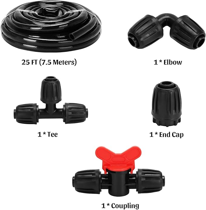 1/2 Inch Irrigation Tubing 25ft, Drip Irrigation System for Garden, (0.52″ ID X .0.60″ OD) Black Dripline, Drip Irrigation Tubing w/One of 1/2” Coupling, Elbow, Tee and End Cap.