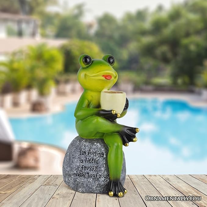 Spring & Summer-Themed Garden Statues – Adorable Outdoor Decor for Lawn, Patio & Porch (Coffee Drinking Frog Garden Statue with Funny Quote)