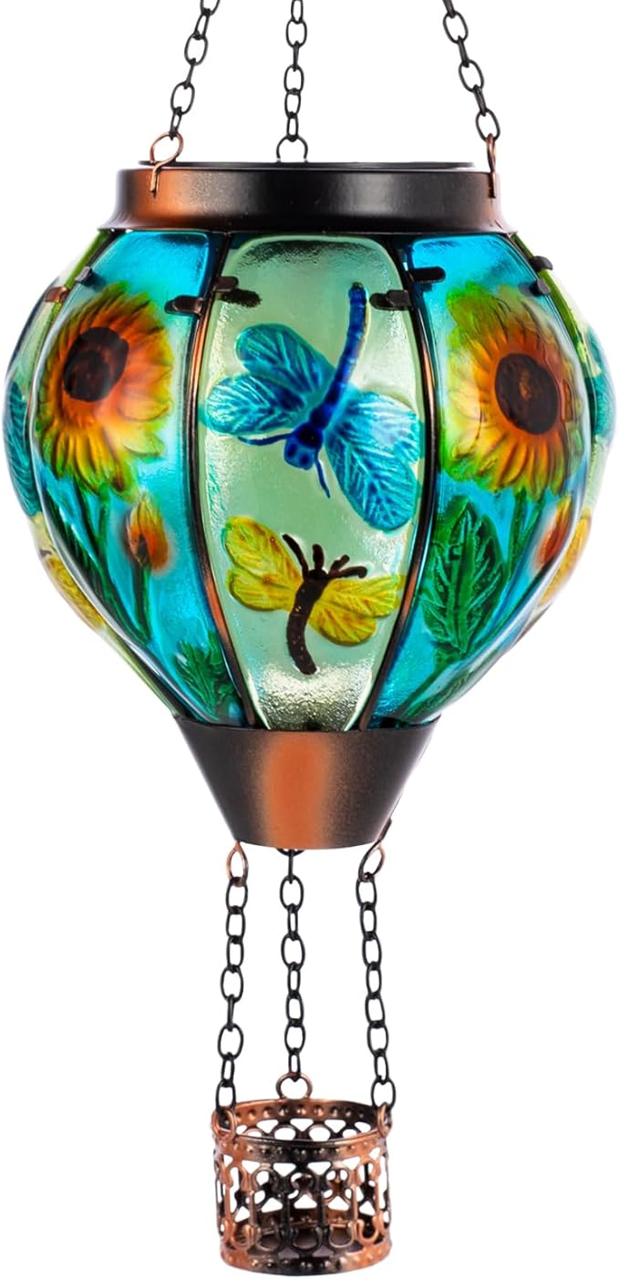 Hanging Hot Air Balloon Solar Lantern, Dragonfly Solar Power Hot Air Balloon Lantern Outdoor Waterproof, Glass Hanging Light for Outdoor Patio Garden Decor
