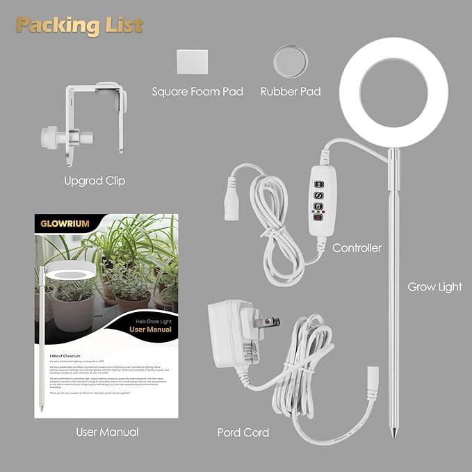 GLOWRIUM Grow Lights for Indoor Plants, Full Spectrum Plant Lights with Clip, Height Adjustable&3 Spectrum Mode, 3/9/12h Automatic Timer, 10 Dimmable Brightness, Mini Halo Grow Lights for Small Plant