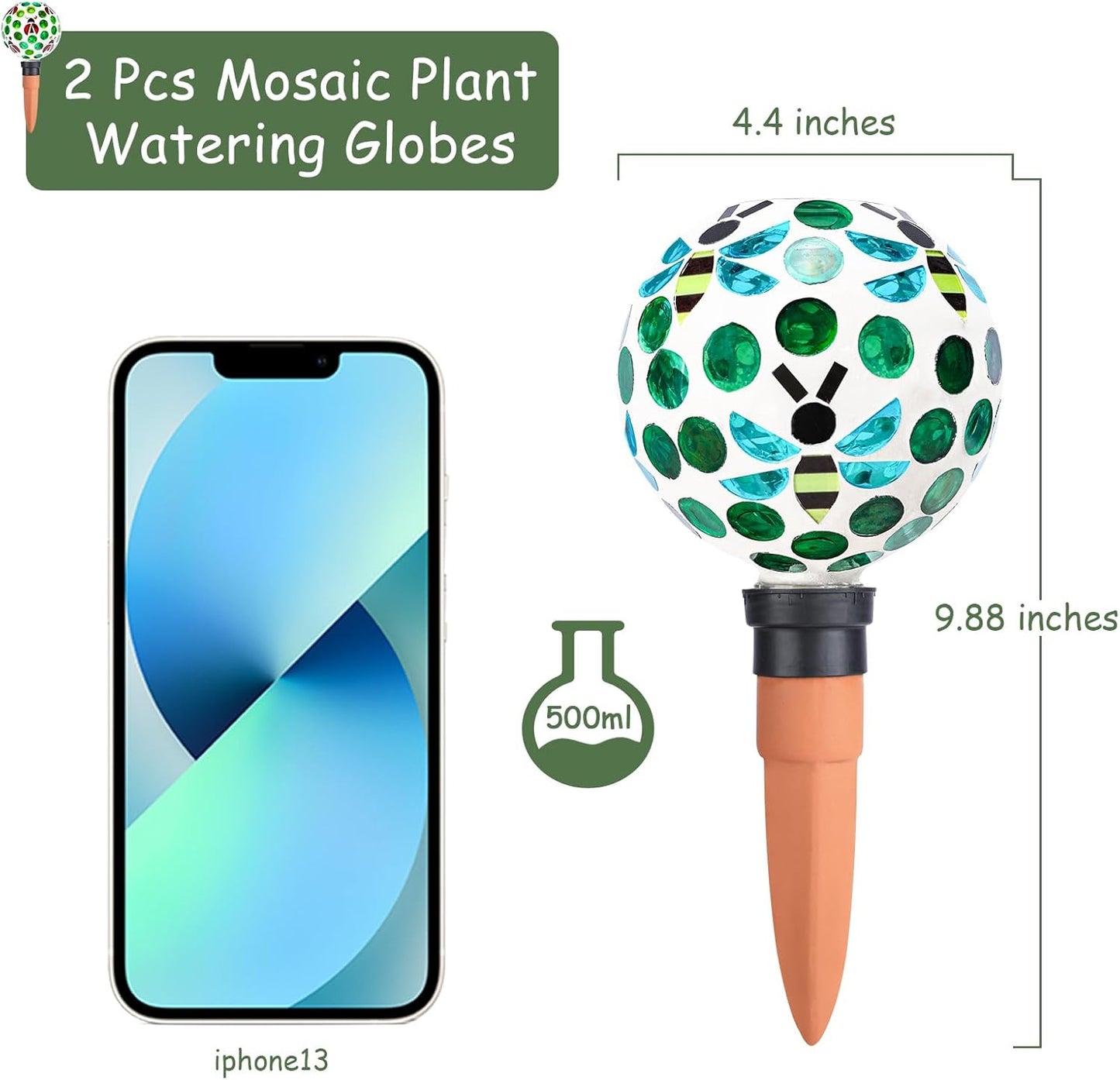 Watering Globe for Plants Mosaic Self Watering Spikes 2 Pack Large Self Watering Planter Insert Automatic Watering Device Outdoor Garden