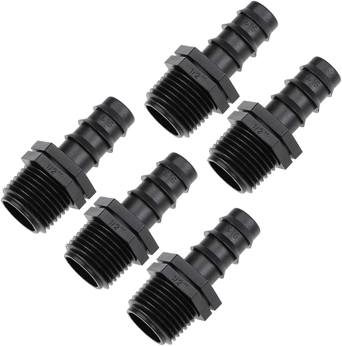 uxcell Barb Drip Pipe Connector 1/2 BSPT Male Thread 16PE Hose Fitting for Garden Agricultural Irrigation System, Plastic 5pcs