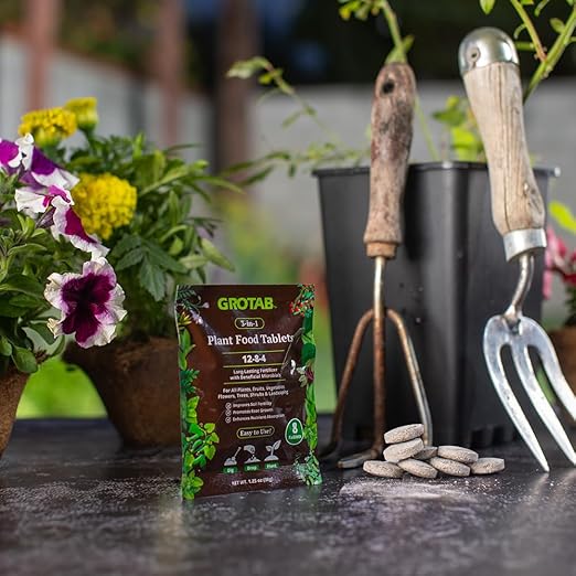 GROTAB 3-in-1 Plant Food Tablets 8 Tabs Natural 12-8-4 Plant Fertilizer Outdoor Indoor All-Purpose Flower Garden Vegetable Orchard Greenhouse Plant Fertilizer with Mycorrhizal Trichoderma Microbials