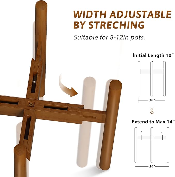 Adjustable Plant Stand Indoor, Bamboo Plant Holder 8 to 12 Inches, Small Corner Planter Stand for Indoor Plants, Single Floor Plant Stand for Living Room Balcony Bedroom, Light Brown