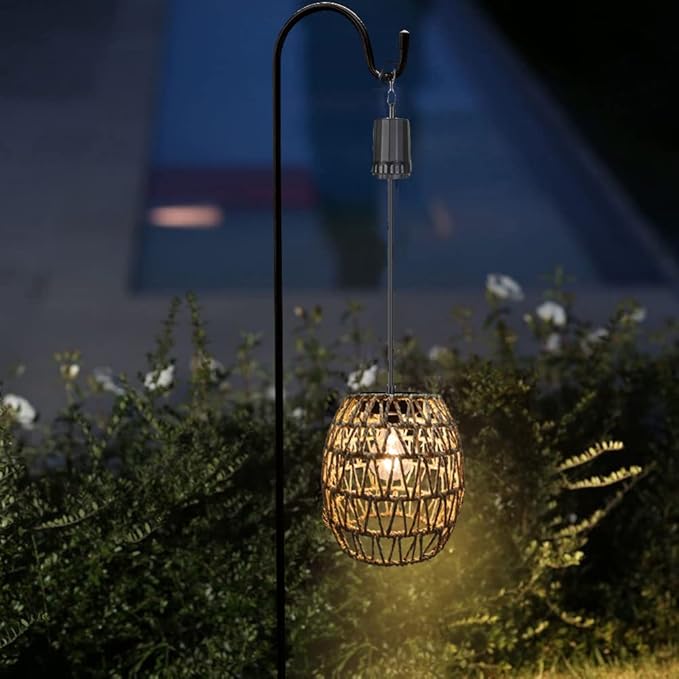 6 Hours Timer Battery Operated Outdoor Hanging Light Seagrass Woven Waterproof Porch Gazebo Patio Pendant Lantern Chandelier Lighting Decorative Hollow-Out Auto On/Off Warm White Bulb