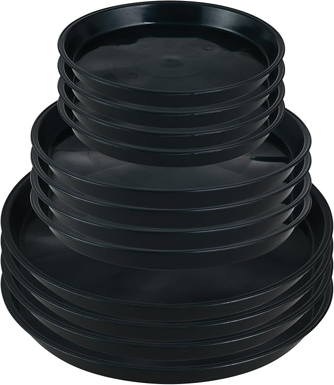 12 Pack Bottom 6 8 10 Inch Plant Saucers for Indoors Outdoors Plastic Plant Water Catcher Trays No Holes Round Flower Pot Drip Trays, Heavy Duty Plant Pot Saucers Water Drainage Trays, Black