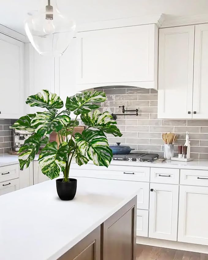 Hollyone Artificial Monstera Plant 2FT Faux Monstera Deliciosa Plant in Black Pot Fake Swiss Cheese Tropical Plant Potted for Indoor Outdoor Floor Home Office Living Room Decor, 2 Pack