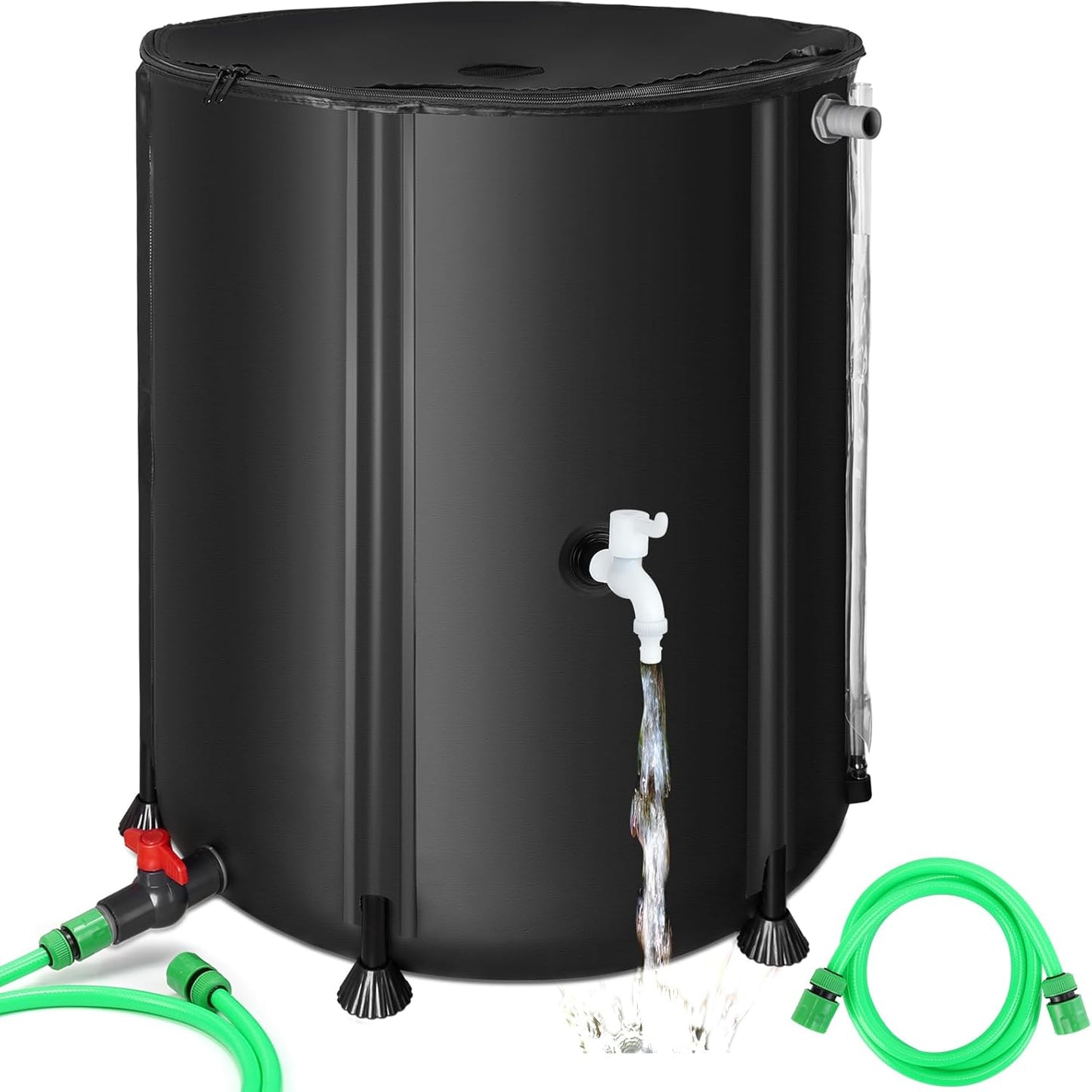 53 Gallon Collapsible Rain Barrel, SKM Portable Rain Water Collection Barrel for Garden/Outside/Lawn, PVC Rainwater Collection System Water Tank Storage Container with Spigots & Overflow Kit, Black
