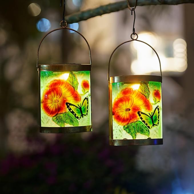 Starsoul 2 Pack Hanging Solar Lantern Outdoor Waterproof Glass Butterfly and Flowers Decorative Solar Lights for Outside Garden Yard Table Patio Decor