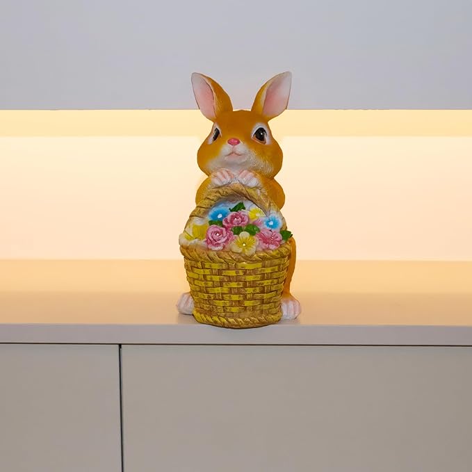 Solar Garden Statues Rabbit & Flowers Decor Outdoor Indoor with 5 LED Light, Unique for Women,Mom,Grandma,Girls, Bunny Lawn Decorations Statue for Patio,Yard Ornament,Gardening