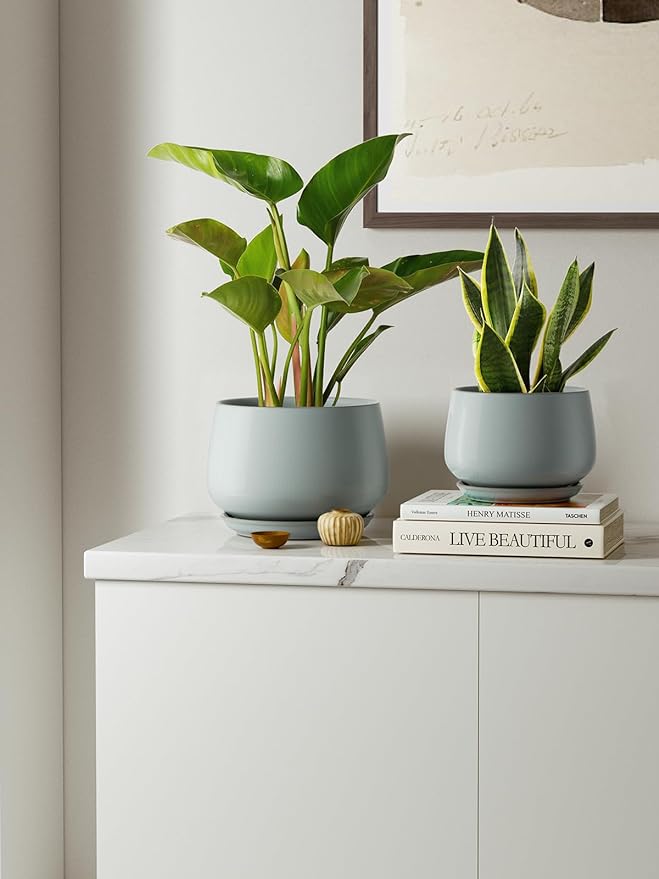 LE TAUCI Plant Pots for Indoor Plants, 4.1+5.1+6.5 inch, Set of 3, Ceramic Planters with Drainage Hole and Saucer, Indoor Flower Pot with Hole Mesh Pad, Gifts for Mom, Reactive Glaze Blue Gray