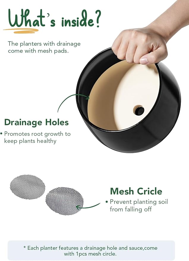 LE TAUCI Plant Pots, 4.1+5.1+6.5 inch, Set of 3, Ceramic Planters with Drainage Hole and Saucer, Indoor Flower Pot with Hole Mesh Pad, Gifts for Mom, Black