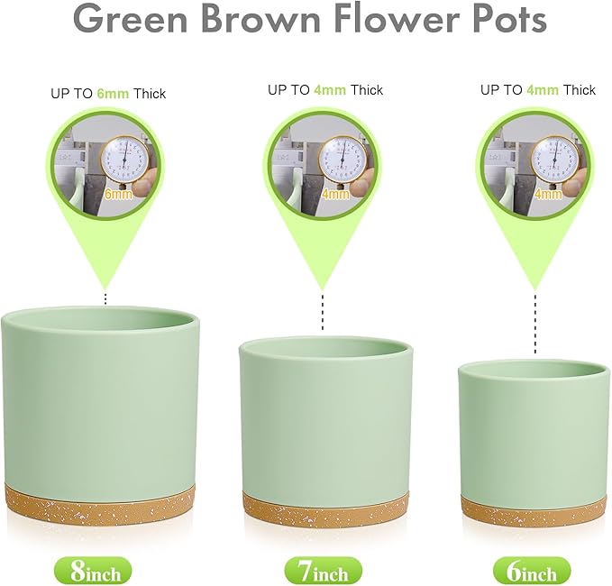 8/7/6 inch Plant Pots, 3 Pack Cylinder Flower Pots for Outdoor Indoor Plants, Decorative Plastic Planters with Drainage Holes and Saucers for Garden House Plants, Green with Brown