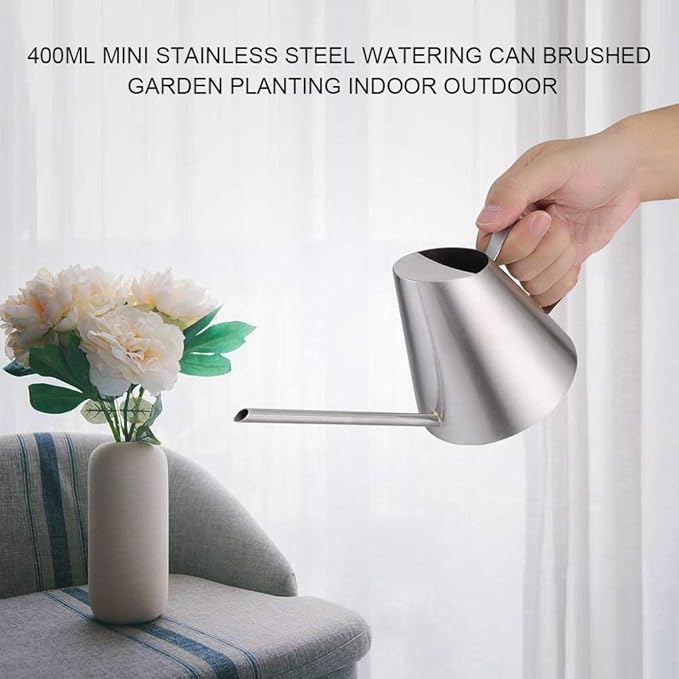 400ml Watering Can, Stainless Steel Long Spout Watering Pot, Mini Modern, Brushed Sliver Flower Plant Watering Can Pot, Gardening Tool for for Home Office