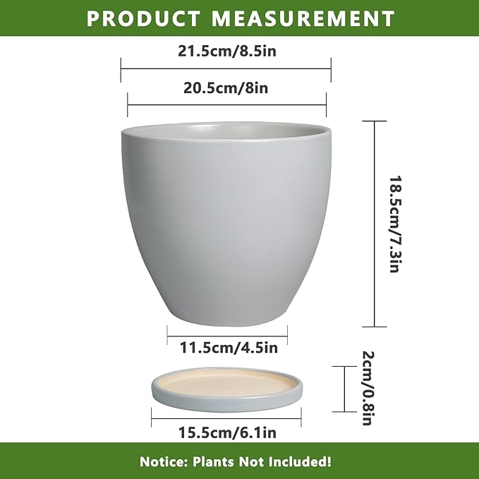 Ceramic Pots for Plants - 8 Inch Planter, Indoor Plant Pot with Drainage Hole and Saucers, Modern Flower Planters, Home Garden Patio Bathroom Porch Room Decor, Gray