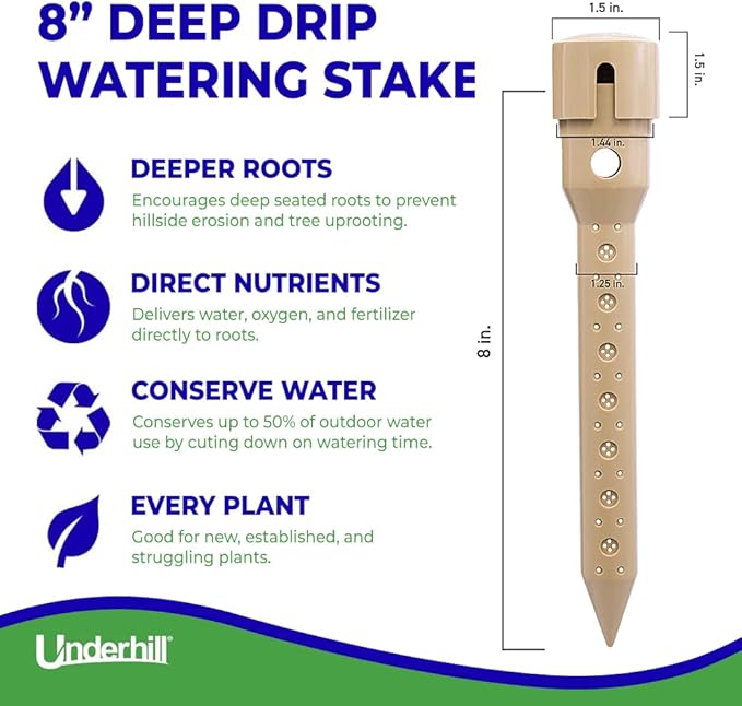 Underhill Deep Drip Irrigation Stakes 8-Inch, Watering Spikes for Trees, Flowers, Fruits, and Small Plants, Drip System Tubes, A-DD08-4, Case of 4