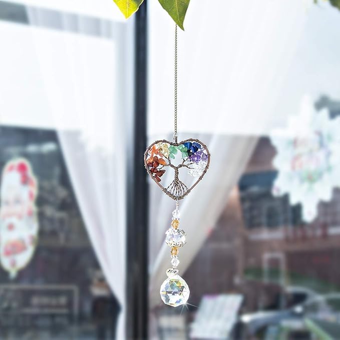 H&D HYALINE & DORA Suncatcher Window Hanging Tree of Life Heart Shaped Crystal Ball Prism Drop Pendant