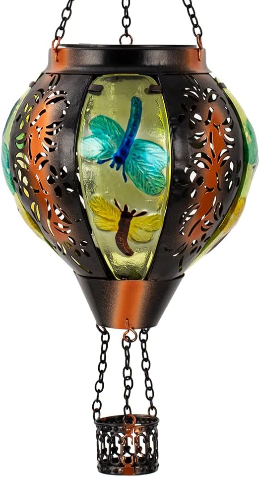 Dragonfly Solar Hot Air Balloon Lantern with Flame, Light Solar Outdoor Lantern Hanging Lanterns Decor for Garden Yard Patio, Dragonfly Gifts for Women Mom Grandmom