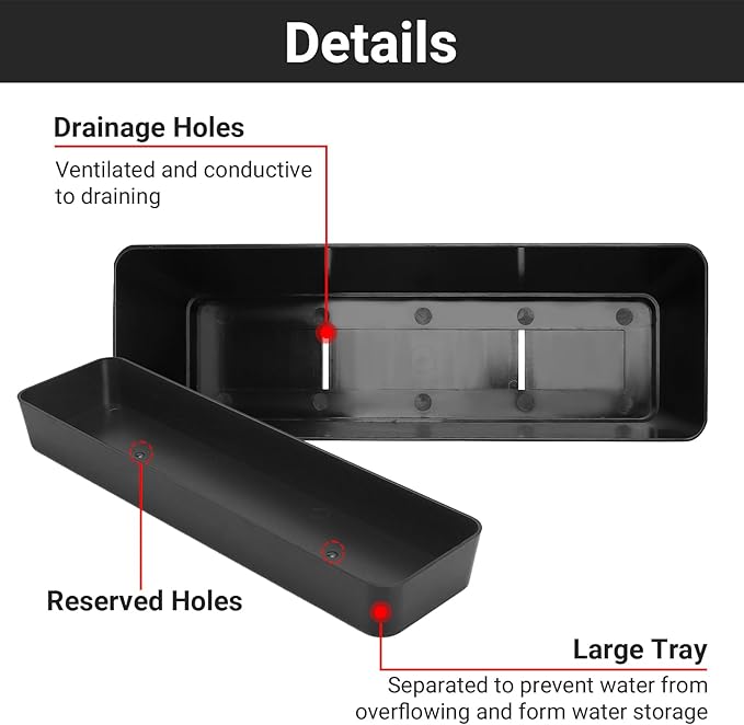 GREANER Black Rectangle Window Boxes, 3 Pack 12x3.8 Inch Herb Planters with Tray, Indoor Succulent Cactus Mint Plastic Pot for Windowsill, Garden Balcony, Office Outdoor Decoration