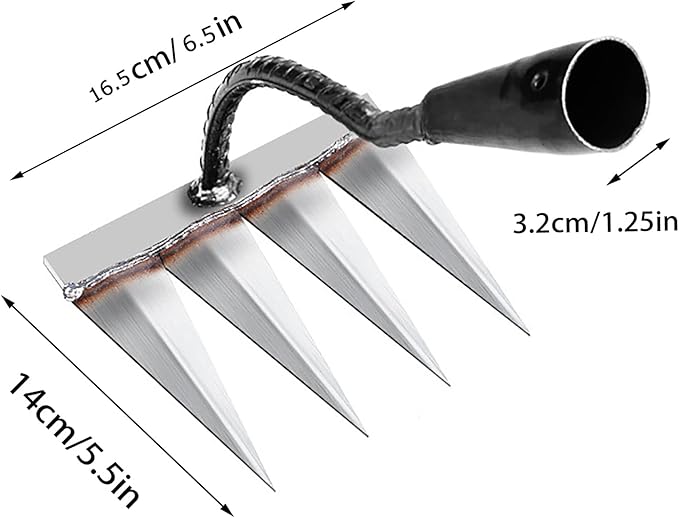 Iron Rake for Gardening and Weeding - Heavy Duty Garden Tool, Carbon Steel Hand Rake for Sturdy Dethatching, Heavy Duty Rake 4 Toothed Steel (Without Stick)