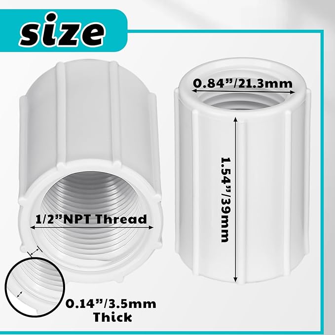 Yahenda 10 Pcs 1/2 Inch PVC Double Female Threaded Coupling Sprinkler Pipe Fitting Female Thread Pipe Fitting Garden Drip Irrigation System PVC Npt Coupler for Irrigation Tube Riser Extension (White)