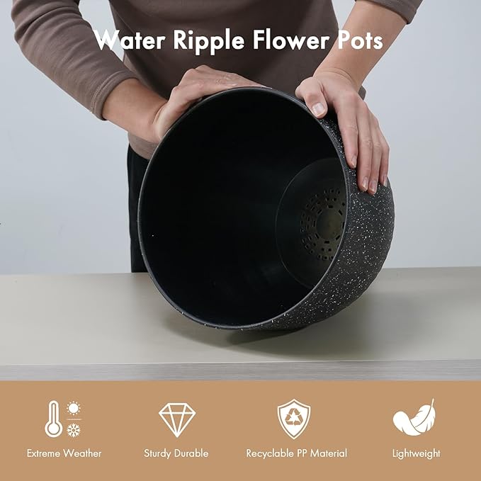 12 Inch Wide Water Ripples Flower Pots for Indoor or Outdoor Plants, Large Plant Pots with Drainage Holes & Saucer, Plastic Planters Set for Garden & Home Decor (Black with White Speckles)
