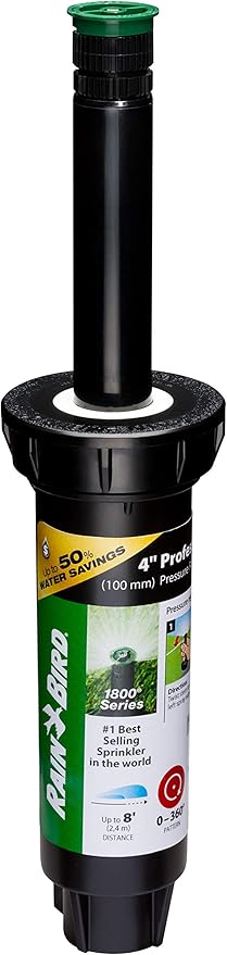 Rain Bird 1804AP8PRS Pressure Regulating (PRS) Professional Pop-Up Sprinkler, Adjustable 0 - 360° Pattern, 6' - 8' Spray Distance, 4" Pop-up Height