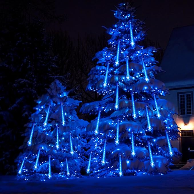 Outdoor Christmas Decorations, 24 Tubes(Equivalent to 3 Sets of 12Inch 8-Tubes) Meteor Shower Lights Snow Falling Icicle Christmas Lights Outdoor for House Tree Halloween Garden Decor, UL Plug, Blue