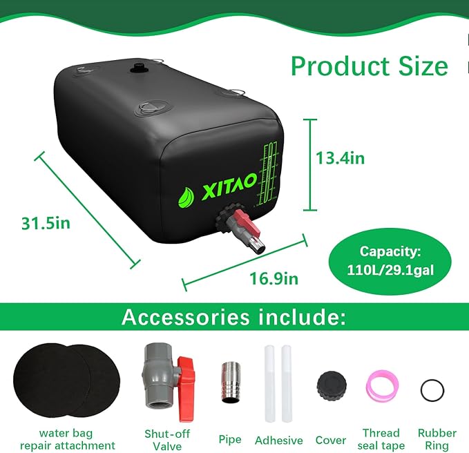 XITAO 29Gal Water Storage Bladder w/Water Level Indicator, Large Capacity Foldable Water Storage Containers, Portable Emergency Water Tank Water Bag for RVs, Irrigation