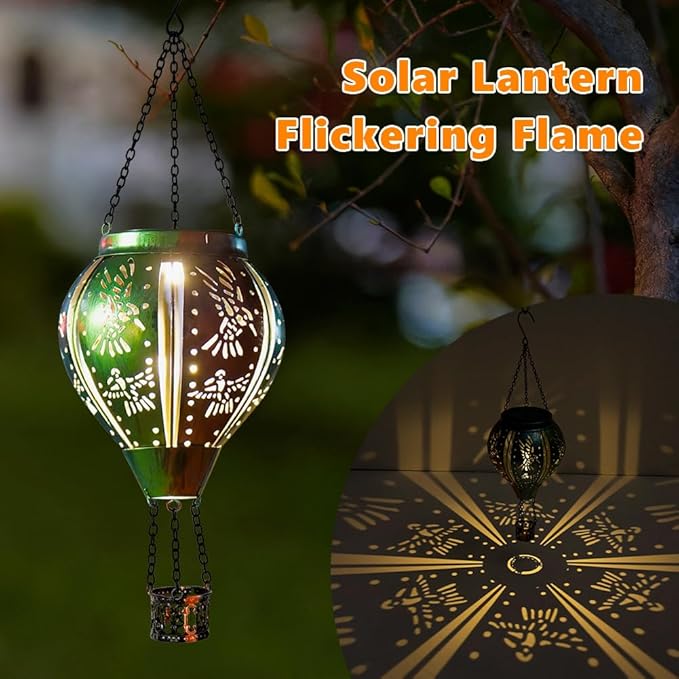 Hummingbird Solar Lantern Hot Air Balloon Outdoor Waterproof Lights, Metal Solar Hanging Lanterns Hummingbird Ornament for Garden Yard Patio, Hummingbird Gifts for Women Mom