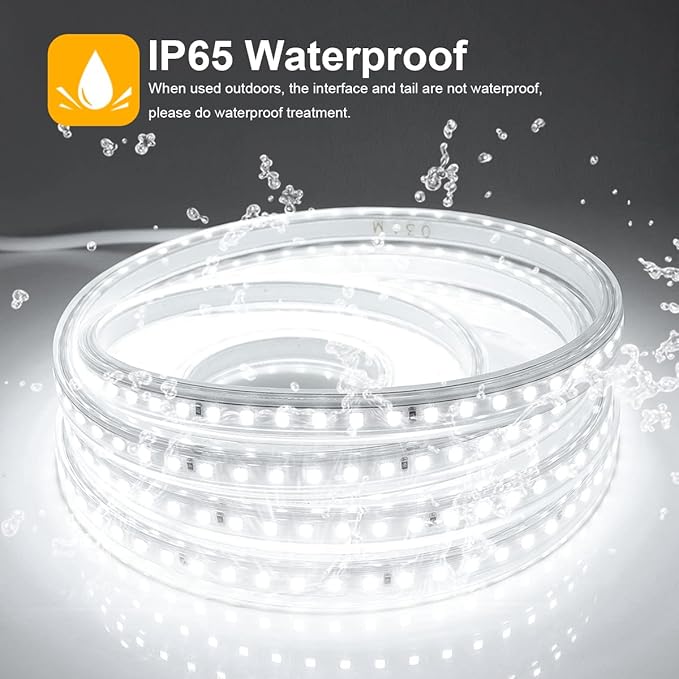 White LED Strip Lights Waterproof, AC 110V, 1800LEDs, 6500k Outdoor LED Rope Light 15M/49.2ft for Garden, Patio, Indoor Outdoor Decoration