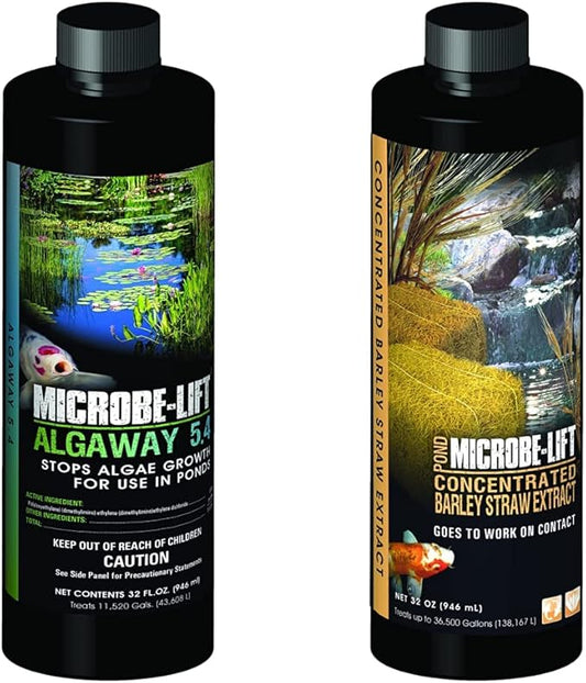MICROBE-LIFT ALGA32 Algaway 5.4 Algae Control Treatment for Ponds and Water Gardens, 32 Ounces & MLCBSE1L Concentrated Barley Straw Extract Conditioner for Ponds and Outdoor Water Garden,32 Ounces