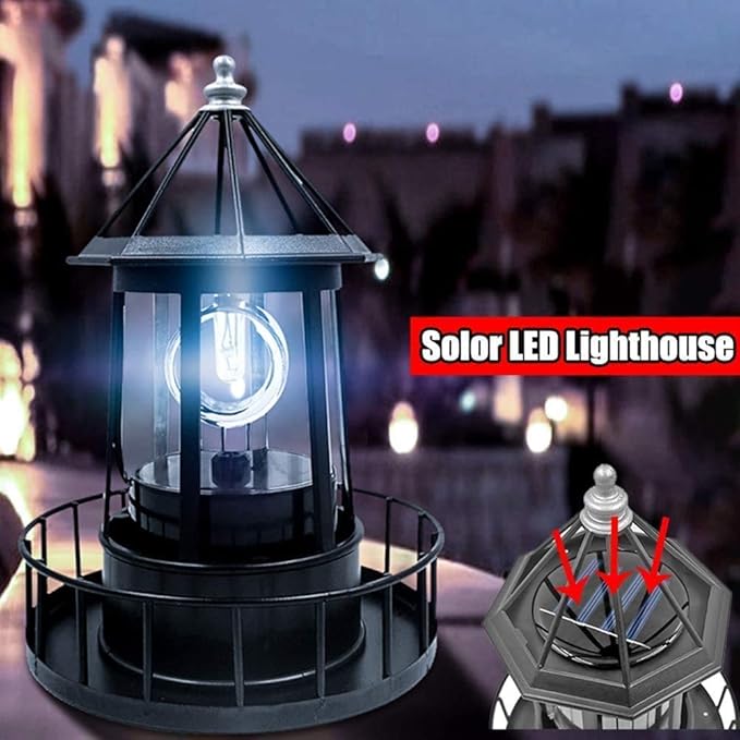 Marsrut LED Solar Light Powered Rotating Lighthouse Beacon Lamp, Outdoor Courtyard Waterproof Solar Hanging Lamp, Lawn Lantern, for Patio Fence Garden Decoration Outdoor Lighting Home Decor (Black)
