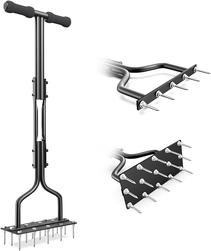 Lawn Aerator, Lawn Spike Aerator Manual Tool with 15 Pieces Solid Steel Spikes, Garden Grass Aeration, Soil Aerating Tool with Clean Tool for Aerating Lawns and Yard Care