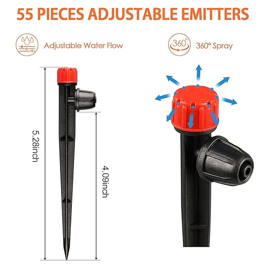 55 Pieces Drip Emitters Stream with Stake for 1/4" Irrigation Tubing: Adjustable 360 Degree Water Flow Irrigation Universal Sprayer Drip Pipe Sprinklers Fittings for Garden Watering System