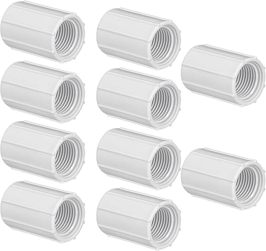 Yahenda 10 Pcs 1/2 Inch PVC Double Female Threaded Coupling Sprinkler Pipe Fitting Female Thread Pipe Fitting Garden Drip Irrigation System PVC Npt Coupler for Irrigation Tube Riser Extension (White)