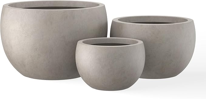 Kante 19.9",15.7",11.8" Dia Round Concrete Planter Set of 3, Outdoor/Indoor Large Bowl Plant Pots with Drainage Hole and Rubber Plug for Garden Patio Balcony Home, Weathered Concrete
