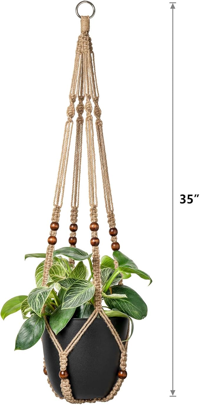 Mkono Macrame Plant Hanger Indoor Hanging Planter Basket with Wood Beads Decorative Flower Pot Holder No Tassels for Indoor Outdoor Boho Home Decor 35 Inch, Brown, Set of 3 (POTS NOT Included)