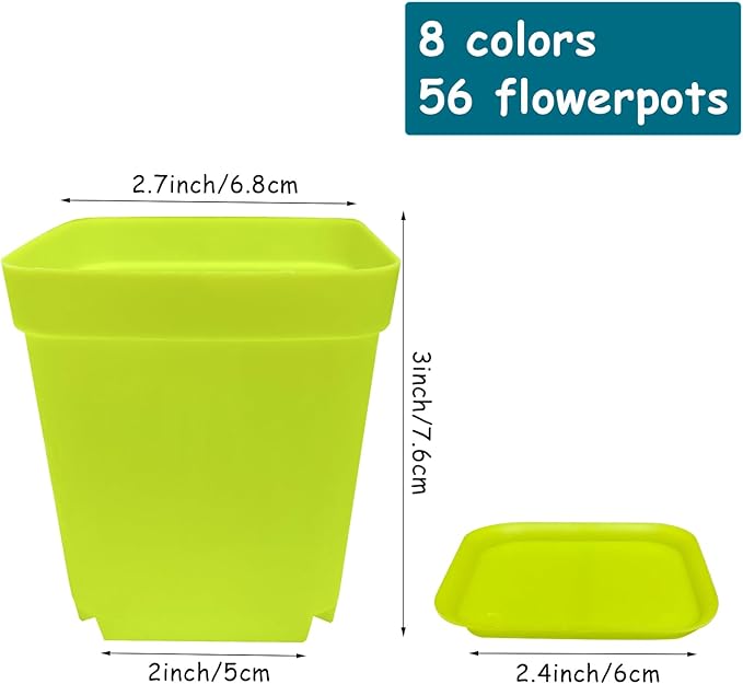 56PCS 3inch Plastic Nursery Pots,Square Plants Seedling Pots,Multicolor Small Transplanting Flower Pots for Indoor Outdoor,Succulents,Office Home Garden and Balcony Decor(8 Colors)