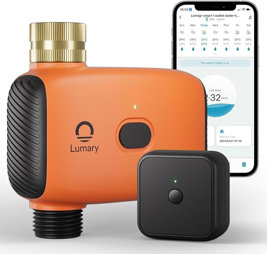 Lumary Smart Sprinkler Timer, WiFi Water Timer for Garden Hose, Brass Inlet Water Hose Timer, Manual/Automatic Irrigation Timer, App/Voice Control Work with Alexa (Gateway Included), Orange, L-WT1A1