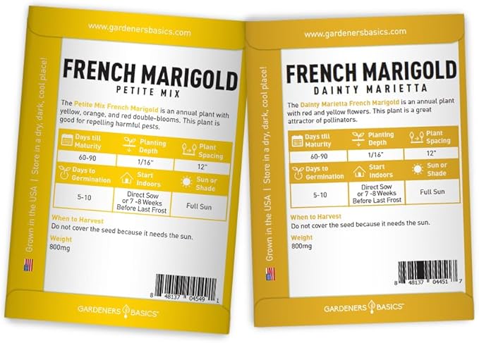 Gardeners Basics, Marigold Seeds for Planting Outdoors (4 Variety Pack) French Marigold Petite Mix, Dainty Marietta, Sparky, and African Marigold Seeds Crackerjack for Pollinators Wildflower Seed