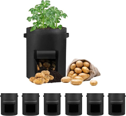 6 Pack 10 Gallon Potato Grow Bags, Heavy Duty Nonwoven Fabric Garden Planting Bag Plant Container with Flap and Handles, Aeration Fabric Pots for Growing Vegetable, Fruits and Flowers