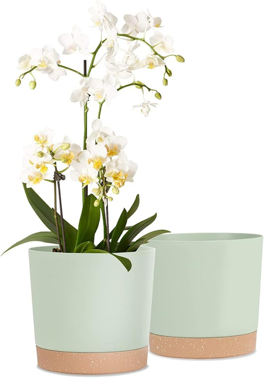kubvici Indoor Plant Pots Set of 2 Planters 8 inch Plastic Planter with Hole & Saucer Modern Decorative for Outdoor Garden Home (Green, 8 inch)