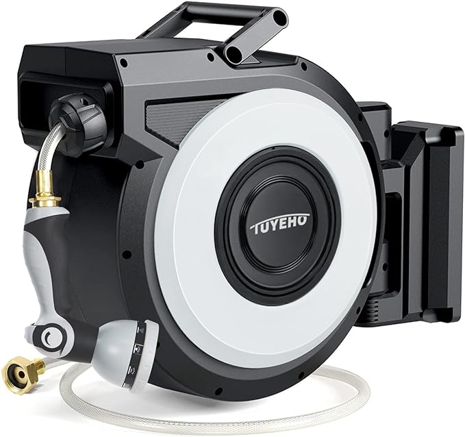 Tuyeho Retractable Garden Hose Reel 5/8" x 90 ft, Wall Mount Water Hose Reels with Automatic Slow Rewind System, Outdoor Hoses Reel with 2 Hose Nozzles for Garden Watering, Car Wash, Pet Shower