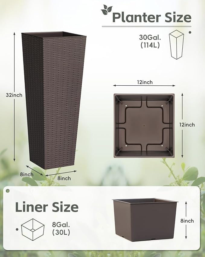 Greesum Large Tall Planter for Outdoors Plants, Set of 2, 32" Tall Plastic Flower Pots, Tapered Porch Planter with Drainage Holes for Patio, Backyard, Brown